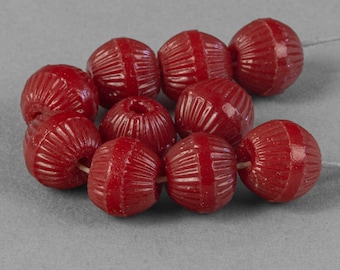 West German lustrous fluted red molded glass beads. 8mm. Pkg of 10