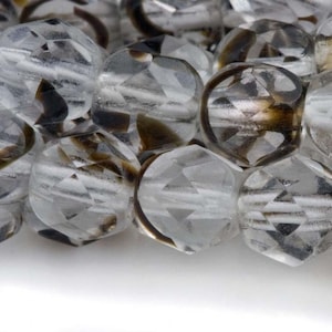 Contemporary Czech firepolished faceted 6mm clear round glass bead with chocolate brown porphyr beads 25 pcs. b11-cr-0855
