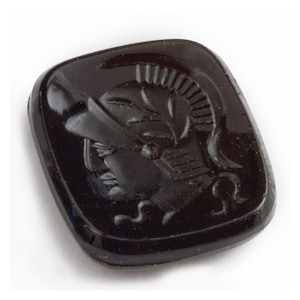 Vintage black glass warrior intaglio, 16x14mm Czechoslovakia, 2 pieces. b5-741