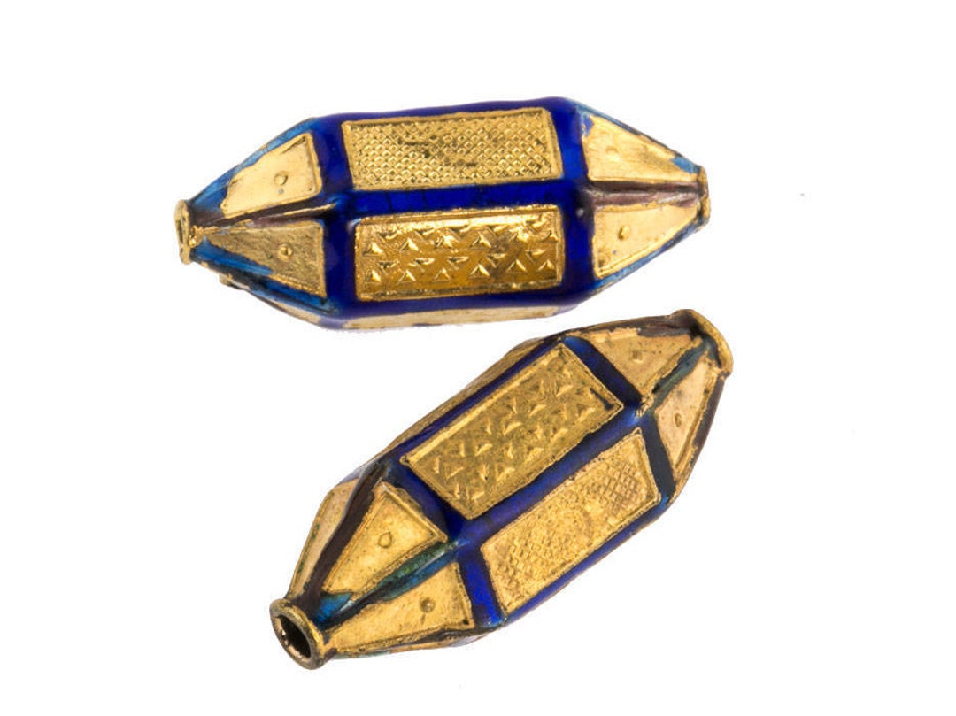 Gold and Blue Enamel Panel Lantern Bead With Decorative Stampings. 25mm