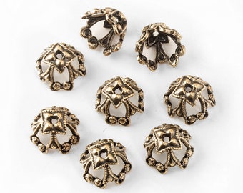 Solid oxidized brass ornate bead cap, 10x8mm. Package of 4. b9-0920