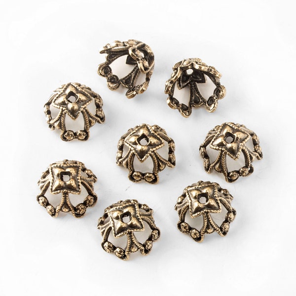 Solid oxidized brass ornate bead cap, 10x8mm. Package of 4. b9-0920