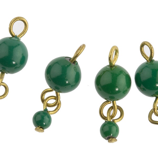 Vintage Japanese jade green 2-bead glass dangle on wire. 6-and-3mm. Pkg of 4. b11-gr-0949