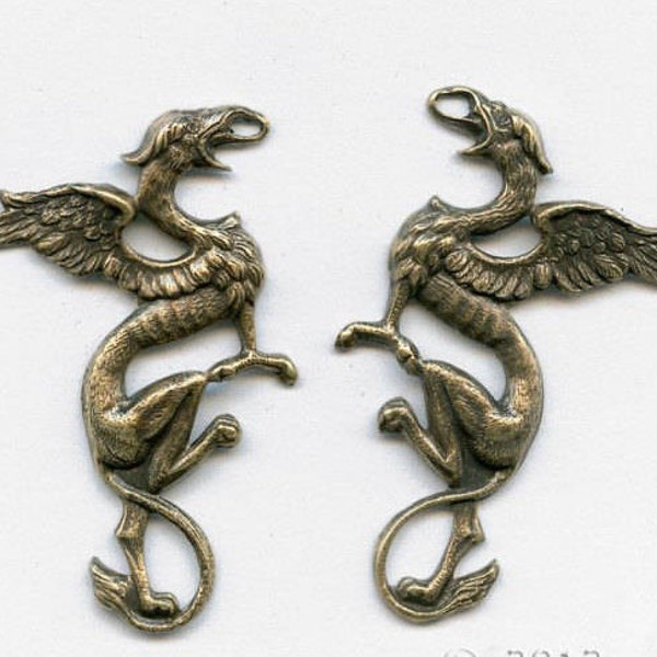 Oxidized brass stamped gryphons, one pair, 43x32mm. b9-2251