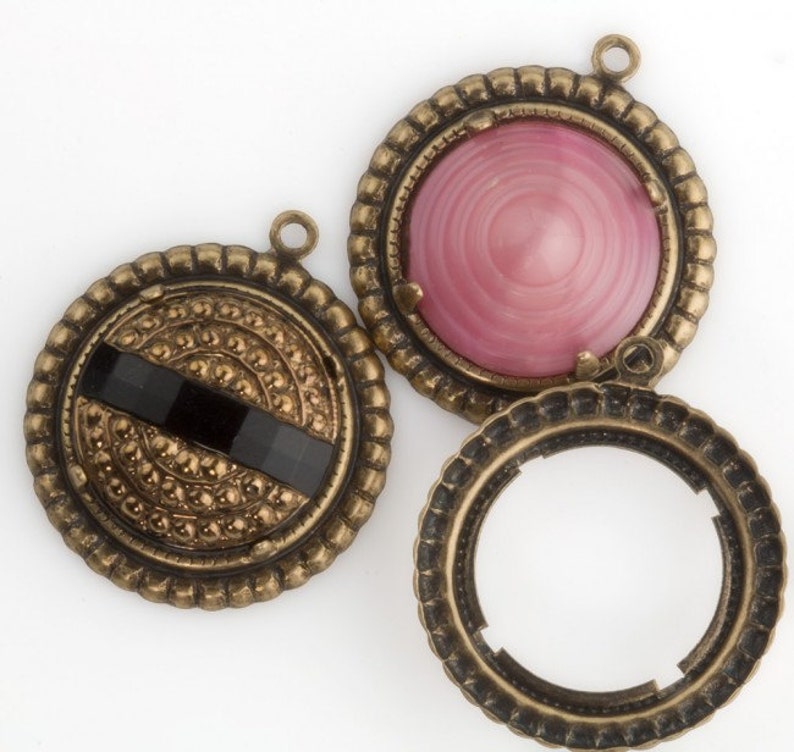 b9-2388 Sold individually Stamped oxidized brass round pronged setting for 17mm cabochon 28x15mm