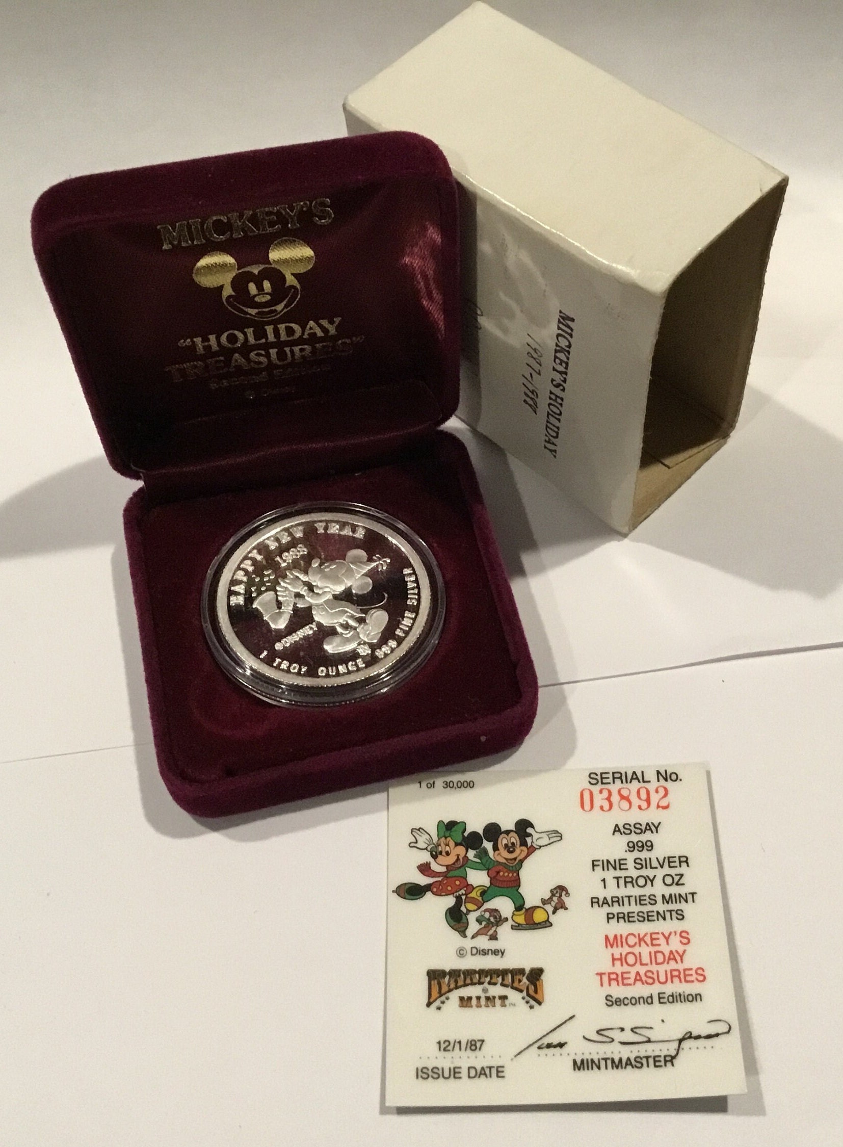 1987 DISNEY Mickeys Holiday Treasures Silver Coin 1 OZ W/coa 