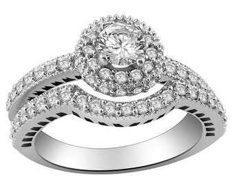 Halo Bridal Engagement Ring Set Band I1 G 1.05 Ct Natural Round Diamond Prong Set 14K Solid White Gold Width 10.30 mm