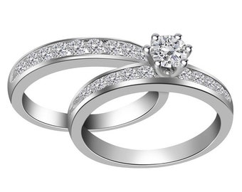 Bridal Engagement Ring Set Band I1 G 1.30 Ct Round Diamond Prong Channel Set 14K Solid White Gold Width 8.50 mm