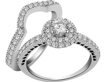 SI1 G 1.05 Ct Natural Round Diamond Halo Bridal Wedding Ring Set Band Prong Set 14K Solid White Gold Width 10.30 mm