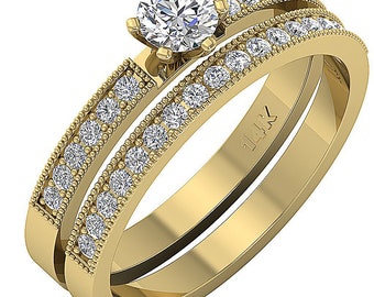 Bridal Engagement Ring Set I1 G 0.80 Ct Natural Diamond Cut 14K White Yellow Rose Gold Prong & Pave Set Width 8.40 mm