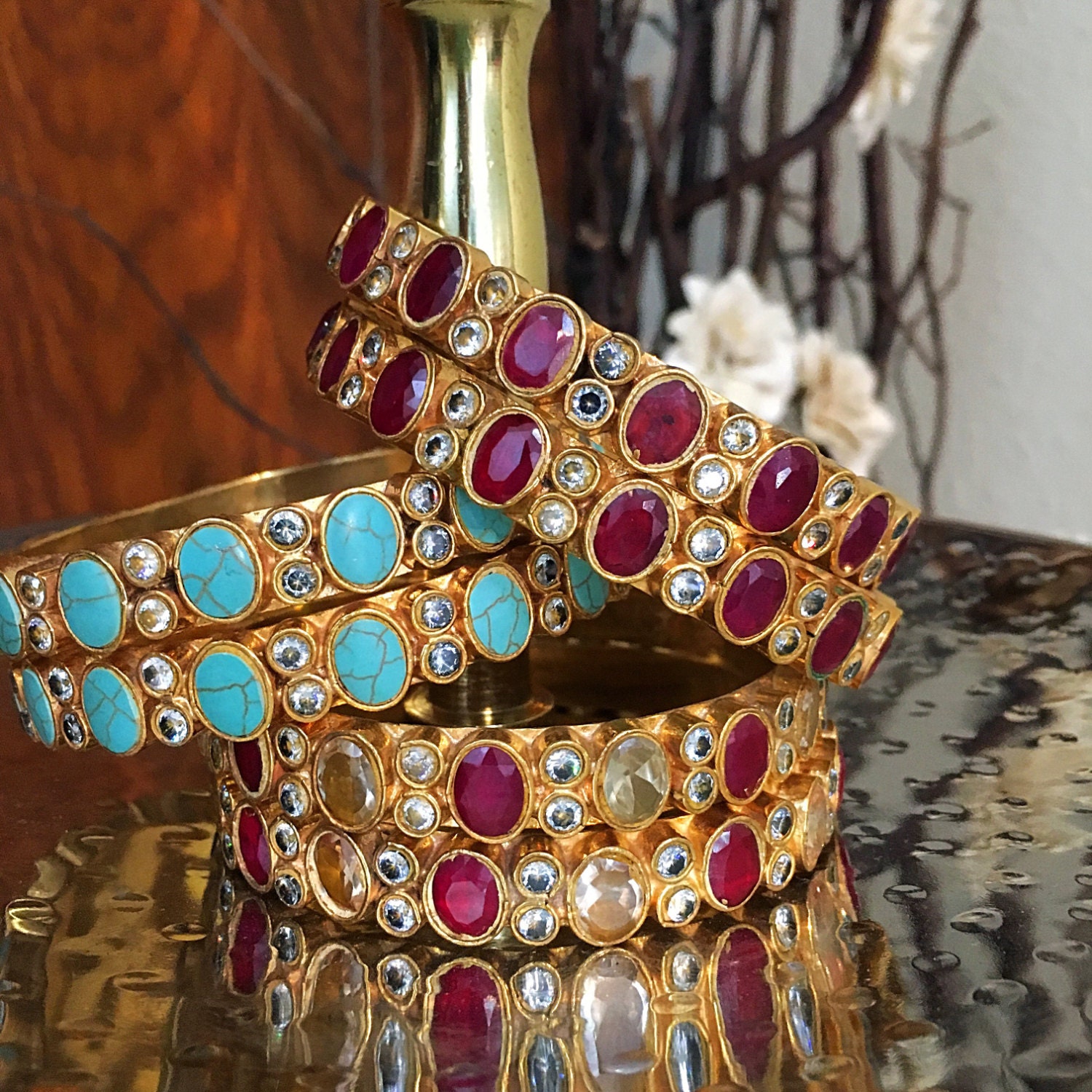 Bracelet /bangle with Emerald ruby & turquoise with | Etsy