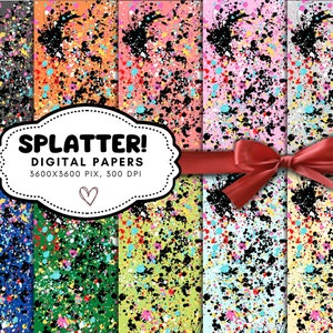 Op de afbeelding: Set van 8 digitale papieren met een splatter-verfdesign in verschillende kleuren, waaronder blauw, groen, geel, oranje, roze en grijs. De papieren zijn 3600x3600 pixels en 300 DPI. "Splatter! Digital Papers" staat in een witte banner bovenaan de afbeelding.