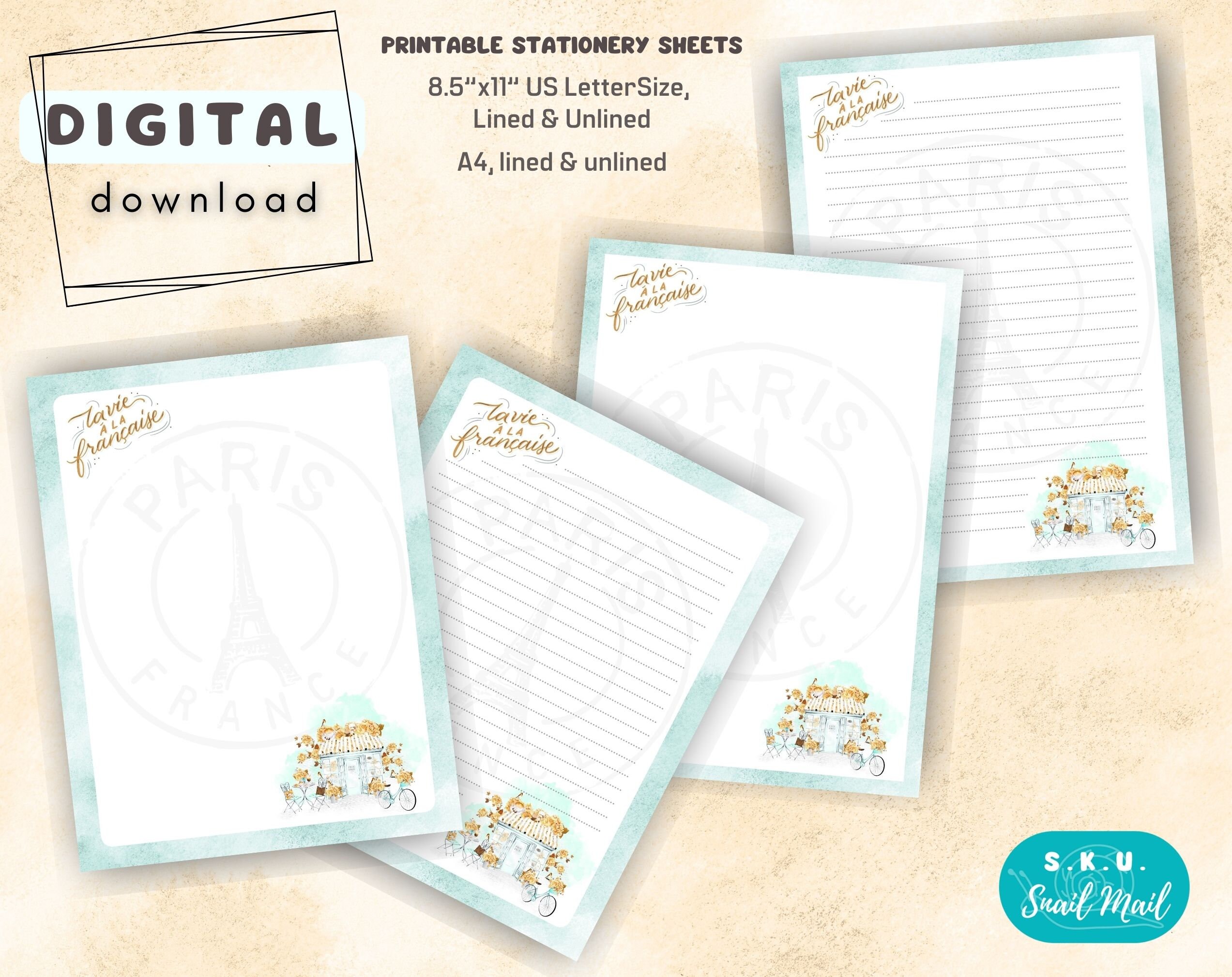 Printable Stationery Set US Letter Size PDF, A4 Size, Instant Download ...