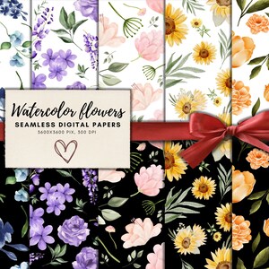 Op de afbeelding: Set van zes digitale papierontwerpen met aquarelbloemen. De ontwerpen bevatten blauwe, paarse, roze en gele bloemen op witte en zwarte achtergronden. De papieren zijn naadloos en kunnen voor verschillende projecten worden gebruikt.