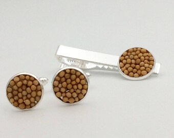 JW Mustard Seed Tiebar/Cufflink Set. Silver-tone or Antique Brass , Blue velvet gift pouch included. Also available: matching lapel pin