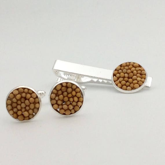 JW Mustard Seed Tiebar/Cufflink Set. Silver-tone or Antique Brass ,  Blue velvet gift pouch included. Also available: matching lapel pin