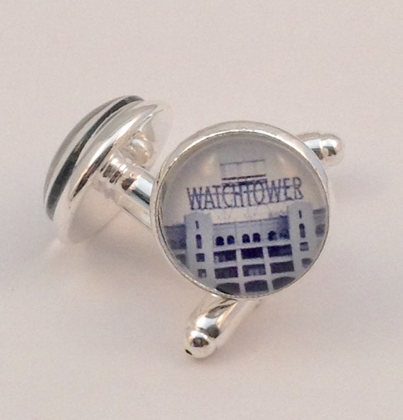 JW B&W Watchtower Sign Cufflinks in silver tone metal,  14 mm, with Blue velvet gift bag!