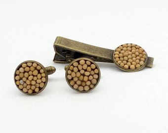 JW Mustard Seed Tiebar/Cufflink Set. Silver-tone or Antique Brass , Blue velvet gift pouch included. Also available: matching lapel pin