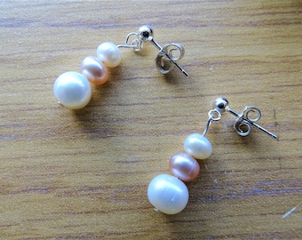 Pearl Drop Earrings, Cream and Pink Pearl Earrings, Freshwater Pearl Earrings, Bridal Earrings