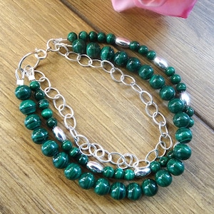 Malachite Beaded Bracelet: Sterling Silver Chain, Green Gemstone Jewelry