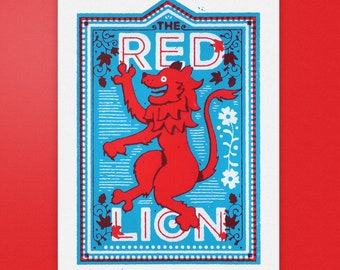 Red Lion print - Red Lion screen print - Red Lion pub name - A4 screen print - Christmas gift - Toucan Tango Design - Lion screen print