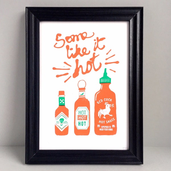 Hot sauce print - Hot sauce art - Hot sauce gift - Hot sauce poster - Funny foodie gift - Kitchen decor - A4 screen print - Christmas gift