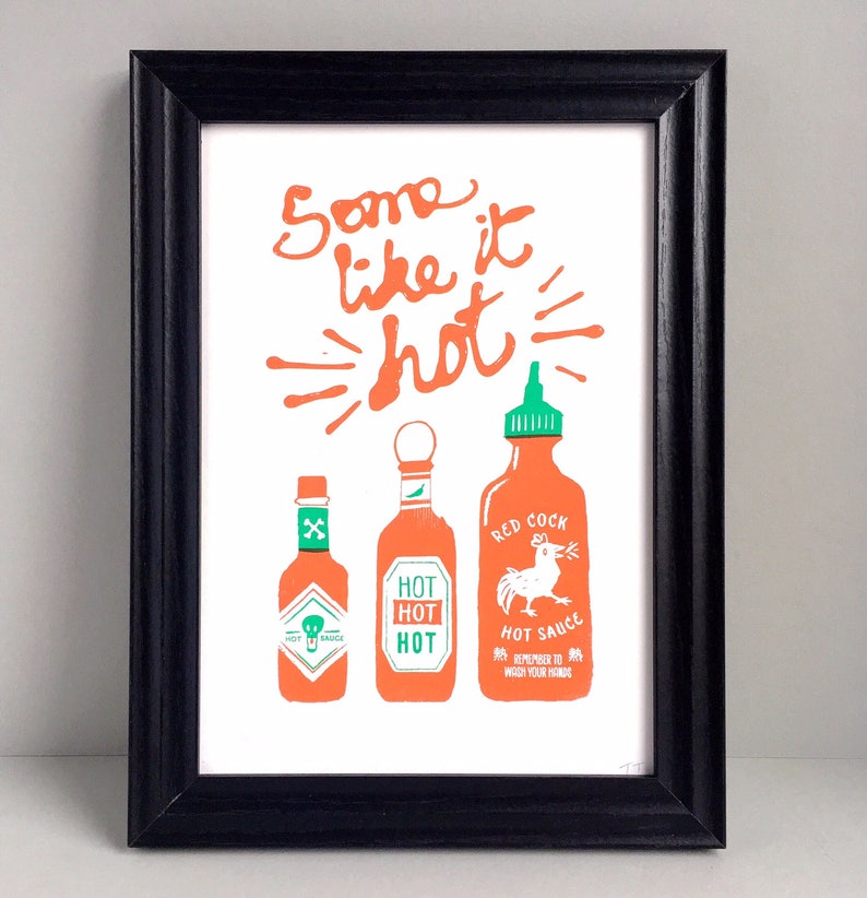 Hot sauce print Hot sauce art Hot sauce gift Hot sauce poster Funny foodie gift Kitchen decor A4 screen print Christmas gift image 1