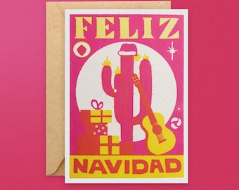 Feliz Navidad card - Feliz Navidad - Christmas card - Funny Christmas card - Funny cactus card - Hand printed cards - Toucan Tango Design