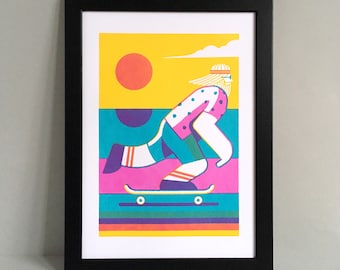 Skateboard print - Skateboard poster - Skateboarder print - Gift for a skater - Summer screen print - Christmas gift - Sunset screen print