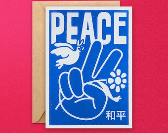 Peace greeting card - Peace symbol print - Peace sign print - Hand printed card - Peace sign art print - Peace hand sign - World peace sign