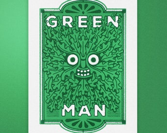 Green Man print - Green Man pub name - A4 screen print - Green Man motif - Pagan Green Man - Folklore print - Folk art print - Toucan Tango