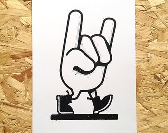 Rock On screen print - Rock On hand print - Rock On hand - Rock'n'Roll - A4 screen print - Small gift - Stocking filler ideas - Liverpool -