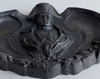 French vintage Napoleon vide poche/ change tray / desk accessory with relief of Napoleon in pewter style finish.
