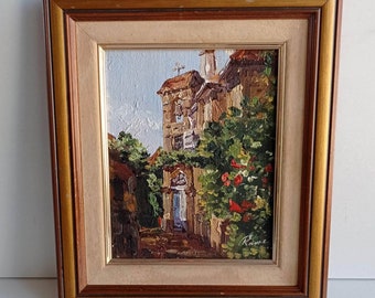 French vintage impressionist, textured painting of church and houses set amongst greenery and flowers, framed and signed.