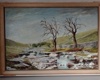 Vintage English, oil on carton/board landscape painting, signed and framed.