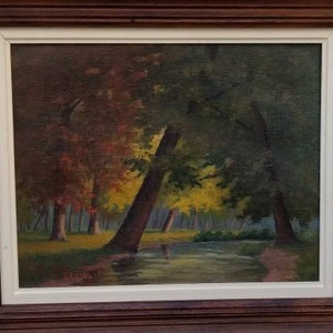 French vintage landscape impressionist painting of river running through a forest, circa mid century.