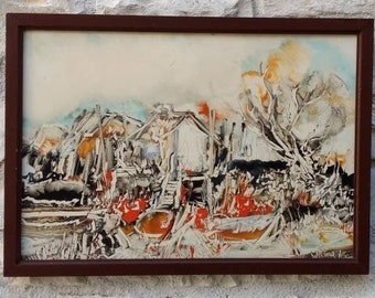 Medium sized Abstract French vintage / antique Retro landscape painting / oil painting on hardboard and signed circa 1974/5.