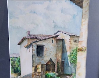 French vintage landscape watercolour painting of country cottage, framed and signed.