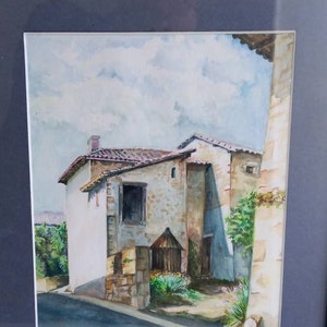 French vintage landscape watercolour painting of country cottage, framed and signed.