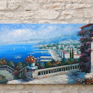 非常に大きな風景画: 南フランス / コート ダジュール / サン トロペの海と海岸を描いた印象派スタイルのビンテージ絵画 (C Loft の署名入り)。
