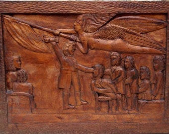 Hand carved French vintage wood sculpture relief carving of the declaration of France as a Republic/ French Revolution 1989,  A Pertuit