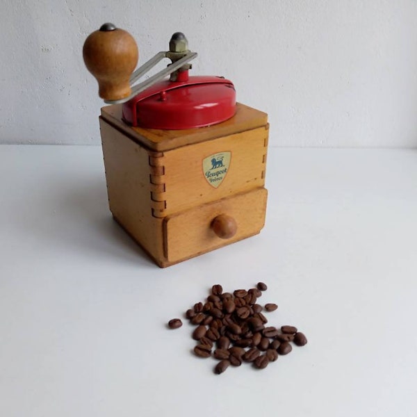 French vintage PEUGEOT FRERES fully tested and working red topped coffee grinder / moulin a cafe with wood body.