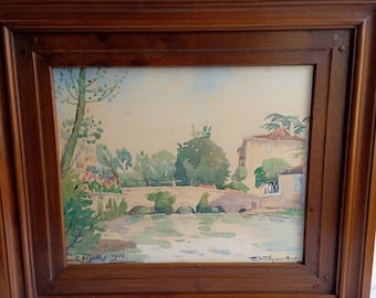 Français peinture de paysage d’aquarelle vintage du pont en pierre au-dessus de la rivière, signée et encadrée, 1946.