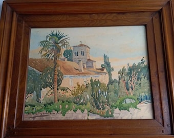 French vintage watercolour landscape painting of Chazelles 12th century church, signed and framed, 1946.