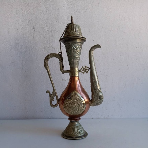 Antique / vintage Islamic / Moroccan / North African / Indian ornate coffee jug made from copper and silvered metal.