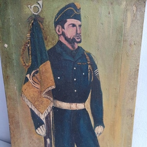 French vintage armed forces painting with troop uniform and standard, signed.