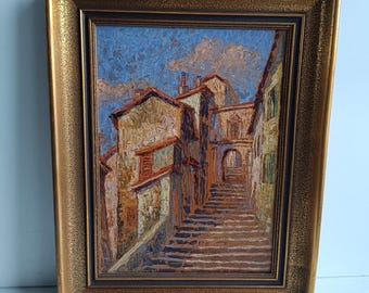 1974年制作のフランスのヴィンテージ油彩画（厚塗り技法）。板に油彩で