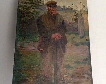 Large French antique oil painting on canvas portrait of a peasant man / farmer circa late 1800s