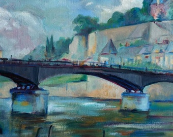 Large painting by Irene Fanshawe of 'Le Pont', French vintage/ Denmark vintage, expressionism.