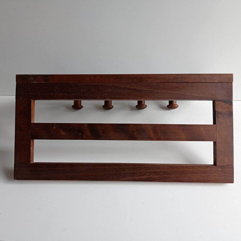 Mid Century wood French vestibule / bistro, railway carriage coat rack with 4 coat hooks, and rail hat rack circa 1950s. image 10